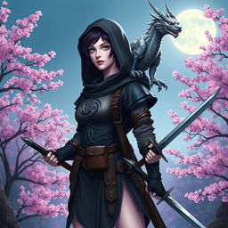 A female hexblood from Dungeons & Dragons, with a slit at the tip of her ears, showcasing short black hair highlighted with orchid hues