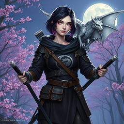 A female hexblood from Dungeons & Dragons, with a slit at the tip of her ears, showcasing short black hair highlighted with orchid hues