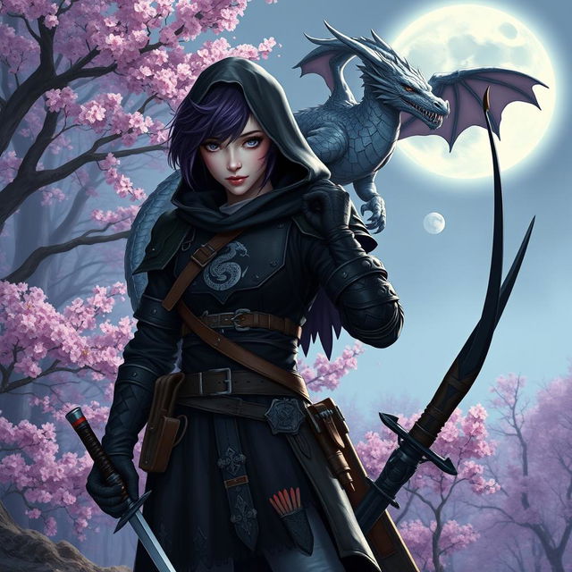 A female hexblood from Dungeons & Dragons, with a slit at the tip of her ears, showcasing short black hair highlighted with orchid hues