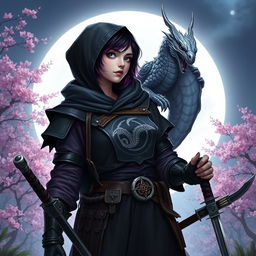 A female hexblood from Dungeons & Dragons, with a slit at the tip of her ears, showcasing short black hair highlighted with orchid hues