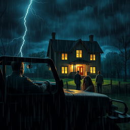 a policeman sitting inside a jeep, watching three people searching in the rain at night, a creepy house of horror looms in the background with eerie lighting, dark stormy clouds, and flashes of lightning illuminating the scene