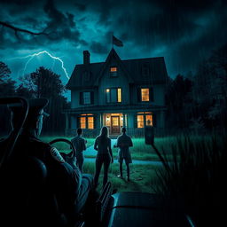 a policeman sitting inside a jeep, watching three people searching in the rain at night, a creepy house of horror looms in the background with eerie lighting, dark stormy clouds, and flashes of lightning illuminating the scene