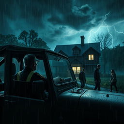 a policeman sitting inside a jeep, watching three people searching in the rain at night, a creepy house of horror looms in the background with eerie lighting, dark stormy clouds, and flashes of lightning illuminating the scene