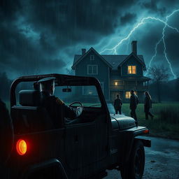 a policeman sitting inside a jeep, watching three people searching in the rain at night, a creepy house of horror looms in the background with eerie lighting, dark stormy clouds, and flashes of lightning illuminating the scene