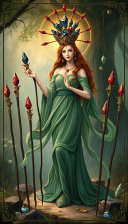 The Goddess of Wands stands gracefully in a mystical setting, adorned in a flowing green dress that exudes tranquility and nature's essence