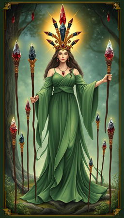 The Goddess of Wands stands gracefully in a mystical setting, adorned in a flowing green dress that exudes tranquility and nature's essence