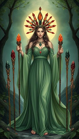 The Goddess of Wands stands gracefully in a mystical setting, adorned in a flowing green dress that exudes tranquility and nature's essence