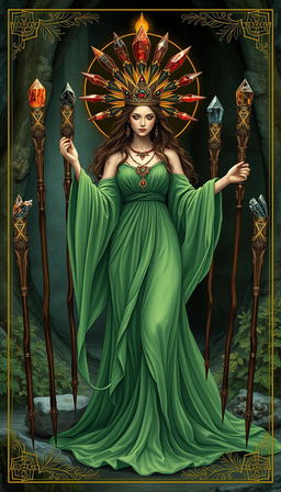 The Goddess of Wands stands gracefully in a mystical setting, adorned in a flowing green dress that exudes tranquility and nature's essence