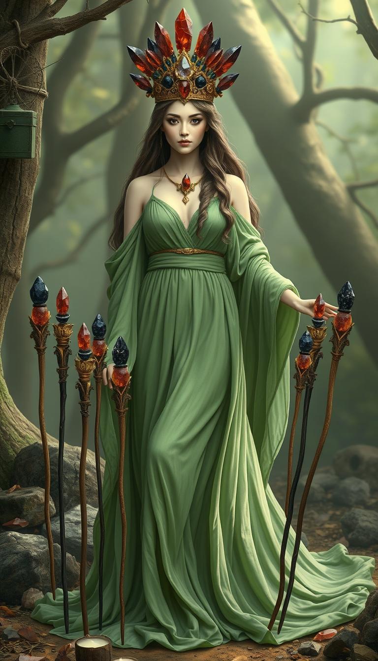 The Goddess of Wands stands gracefully in a mystical setting, adorned in a flowing green dress that exudes serenity and natural beauty