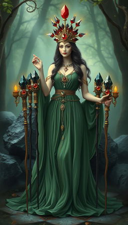 The Goddess of Wands stands gracefully in a mystical setting, adorned in a flowing green dress that exudes serenity and natural beauty