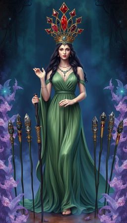 The Goddess of Wands stands gracefully in a mystical setting, adorned in a flowing green dress that exudes serenity and natural beauty