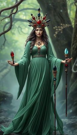 The Goddess of Wands stands gracefully in a mystical setting, adorned in a flowing green dress that exudes serenity and natural beauty