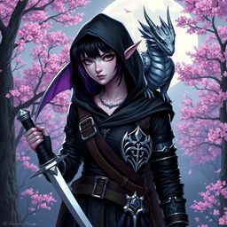 A mystical Dungeons & Dragons female hexblood character with uniquely slit ears at the tips, short black hair with striking orchid-colored highlights, and captivating silver eyes