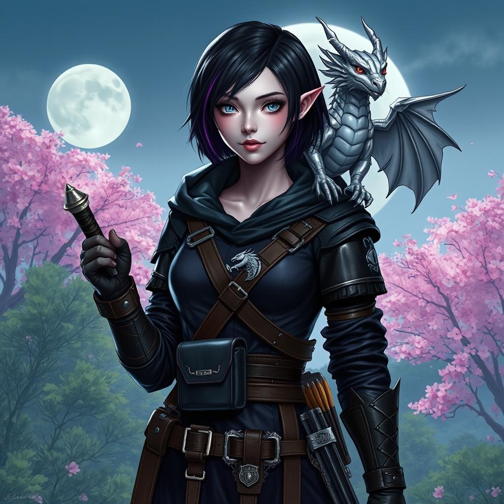 A mystical Dungeons & Dragons female hexblood character with uniquely slit ears at the tips, short black hair with striking orchid-colored highlights, and captivating silver eyes