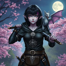 A mystical Dungeons & Dragons female hexblood character with uniquely slit ears at the tips, short black hair with striking orchid-colored highlights, and captivating silver eyes