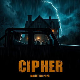 a policeman sitting inside a jeep, watching three people searching in the rain at night, a creepy house of horror looms in the background with eerie lighting, dark stormy clouds, and flashes of lightning illuminating the scene, overlaid with dramatic movie credits for the fictional film 'CIPHER' in bold, cinematic fonts, enhancing the thriller atmosphere