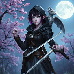 A mystical Dungeons & Dragons female hexblood character with uniquely slit ears at the tips, short black hair with striking orchid-colored highlights, and captivating silver eyes