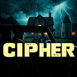 a policeman sitting inside a jeep, watching three people searching in the rain at night, a creepy house of horror looms in the background with eerie lighting, dark stormy clouds, and flashes of lightning illuminating the scene, overlaid with dramatic movie credits for the fictional film 'CIPHER' in bold, cinematic fonts, enhancing the thriller atmosphere