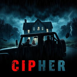 a policeman sitting inside a jeep, watching three people searching in the rain at night, a creepy house of horror looms in the background with eerie lighting, dark stormy clouds, and flashes of lightning illuminating the scene, overlaid with dramatic movie credits for the fictional film 'CIPHER' in bold, cinematic fonts, enhancing the thriller atmosphere