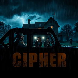 a policeman sitting inside a jeep, watching three people searching in the rain at night, a creepy house of horror looms in the background with eerie lighting, dark stormy clouds, and flashes of lightning illuminating the scene, overlaid with dramatic movie credits for the fictional film 'CIPHER' in bold, cinematic fonts, enhancing the thriller atmosphere