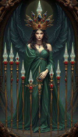 A mystical scene featuring the Goddess of Wands, draped in a flowing green dress