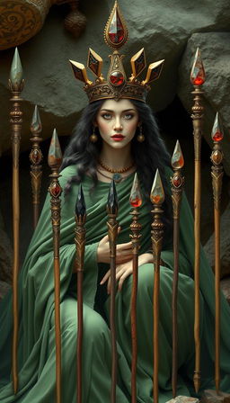 A mystical scene featuring the Goddess of Wands, draped in a flowing green dress