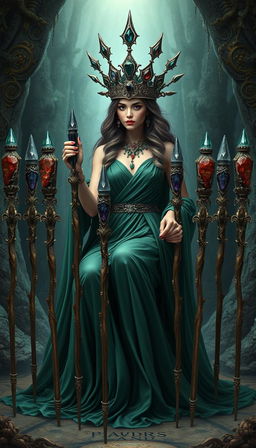 A mystical scene featuring the Goddess of Wands, draped in a flowing green dress