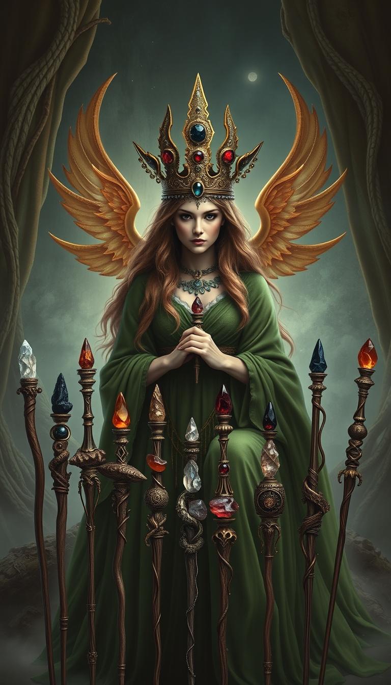 A mystical scene featuring the Goddess of Wands, draped in a flowing green dress