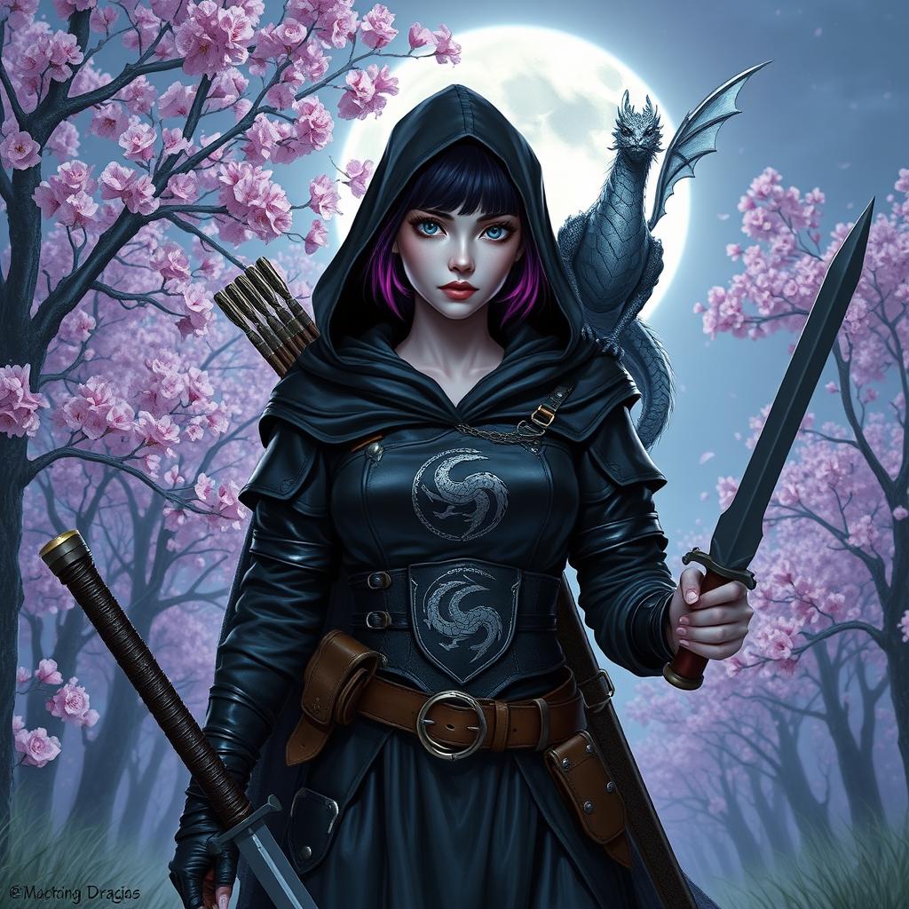 A Dungeons & Dragons female witch with short black hair accented by orchid-colored highlights, captivating silver eyes, and pale violet skin