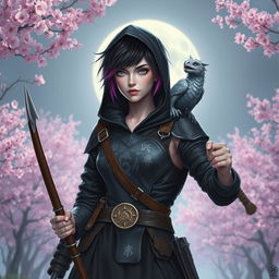 A Dungeons & Dragons female witch with short black hair accented by orchid-colored highlights, captivating silver eyes, and pale violet skin