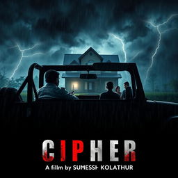 a policeman sitting inside a jeep, watching three people searching in the rain at night, a creepy house of horror looms in the background with eerie lighting, dark stormy clouds, and flashes of lightning illuminating the scene, overlaid with dramatic movie credits for the fictional film 'CIPHER' at the bottom, featuring the text 'A film by SUMESH KOLATHUR' in bold, cinematic fonts, enhancing the thriller atmosphere