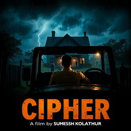 a policeman sitting inside a jeep, watching three people searching in the rain at night, a creepy house of horror looms in the background with eerie lighting, dark stormy clouds, and flashes of lightning illuminating the scene, overlaid with dramatic movie credits for the fictional film 'CIPHER' at the bottom, featuring the text 'A film by SUMESH KOLATHUR' in bold, cinematic fonts, enhancing the thriller atmosphere