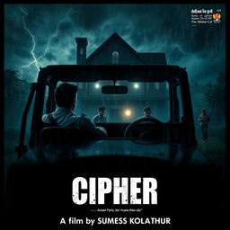 a policeman sitting inside a jeep, watching three people searching in the rain at night, a creepy house of horror looms in the background with eerie lighting, dark stormy clouds, and flashes of lightning illuminating the scene, overlaid with dramatic movie credits for the fictional film 'CIPHER' at the bottom, featuring the text 'A film by SUMESH KOLATHUR' in bold, cinematic fonts, enhancing the thriller atmosphere