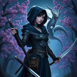 A captivating Dungeons & Dragons female witch with short black hair highlighted in orchid colors, possessing enigmatic silver eyes and pale violet skin