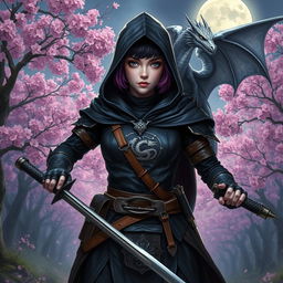 A captivating Dungeons & Dragons female witch with short black hair highlighted in orchid colors, possessing enigmatic silver eyes and pale violet skin