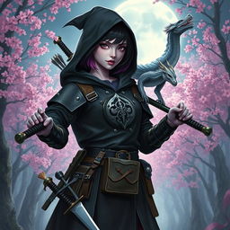 A captivating Dungeons & Dragons female witch with short black hair highlighted in orchid colors, possessing enigmatic silver eyes and pale violet skin