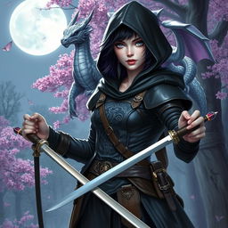 A captivating Dungeons & Dragons female witch with short black hair highlighted in orchid colors, possessing enigmatic silver eyes and pale violet skin