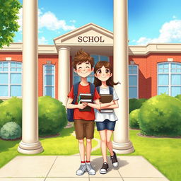 A captivating and heartwarming book cover illustration of two teenage students, a boy and a girl, standing in front of their school