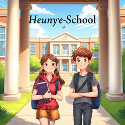 A captivating and heartwarming book cover illustration of two teenage students, a boy and a girl, standing in front of their school