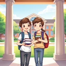 A captivating and heartwarming book cover illustration of two teenage students, a boy and a girl, standing in front of their school