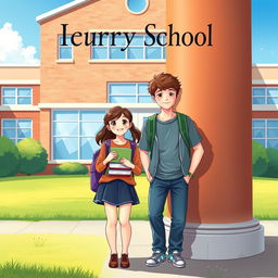 A captivating and heartwarming book cover illustration of two teenage students, a boy and a girl, standing in front of their school