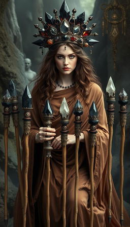 A mystical scene featuring the Goddess of Wands, draped in a flowing brown dress