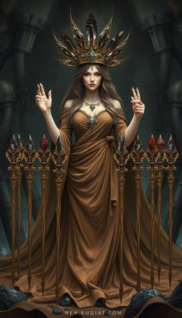 A mystical scene featuring the Goddess of Wands, draped in a flowing brown dress