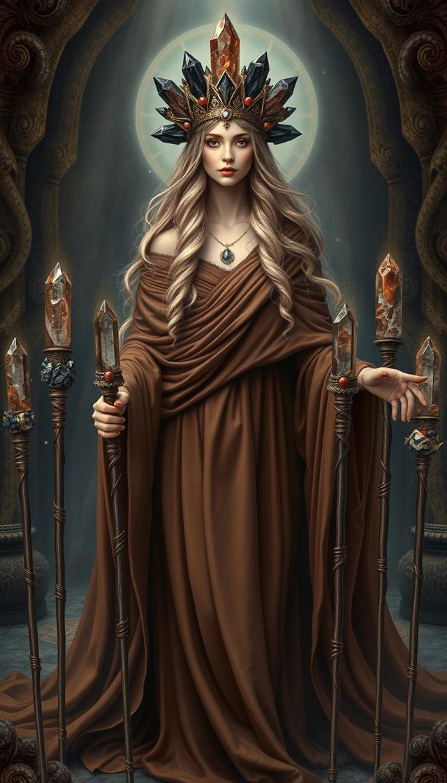 A mystical scene featuring the Goddess of Wands, draped in a flowing brown dress