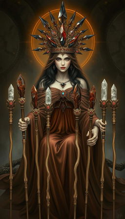 A mystical scene featuring the Goddess of Wands, draped in a flowing brown dress