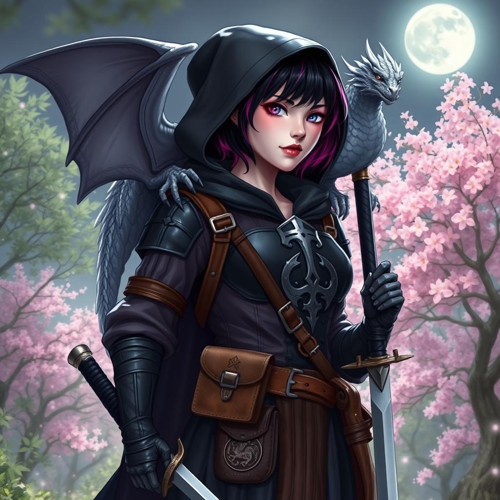 A confident female witch from Dungeons & Dragons stands at the edge of a sakura forest under the moonlight