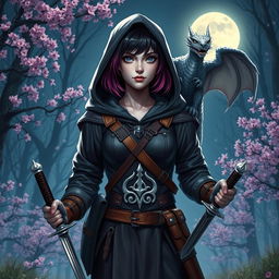 A confident female witch from Dungeons & Dragons stands at the edge of a sakura forest under the moonlight