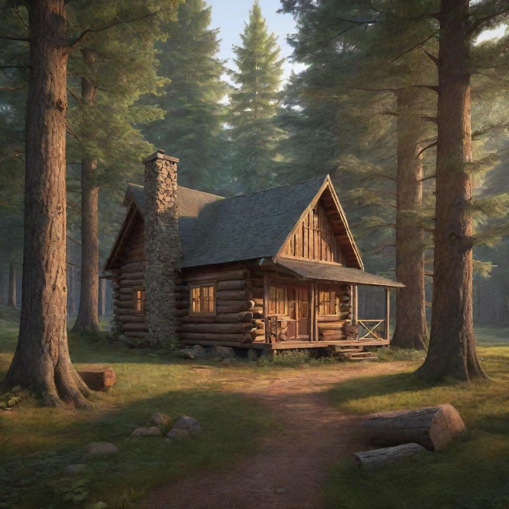 Illustrate a tranquil forest setting, bathed in warm evening light, with a rustic cabin nestled amongst tall, ancient trees