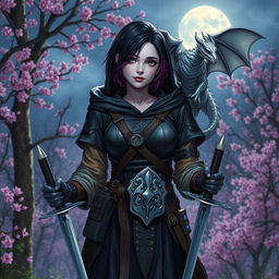 A confident female witch from Dungeons & Dragons stands at the edge of a sakura forest under the moonlight