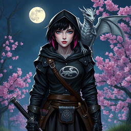 A confident female witch from Dungeons & Dragons stands at the edge of a sakura forest under the moonlight